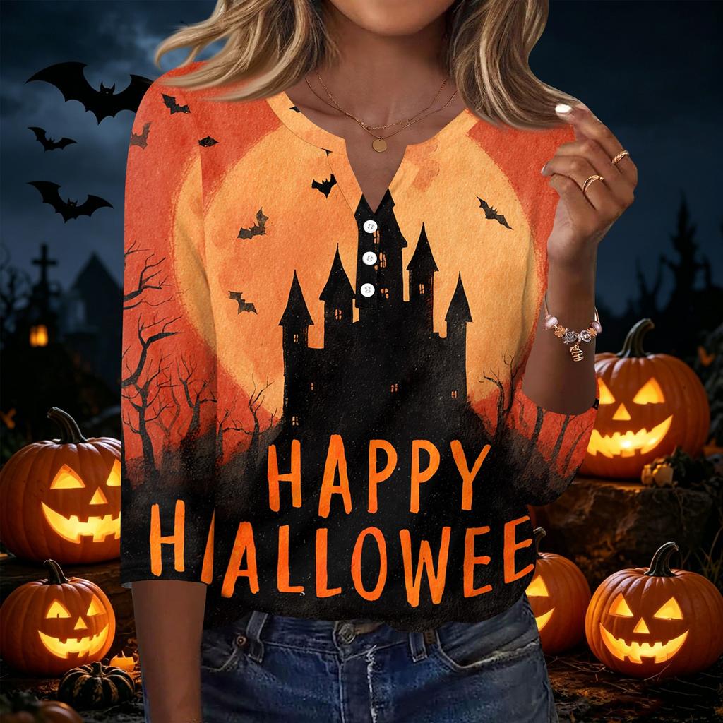 Women V Neck Button Three Quarter Sleeve Top Halloween Print Casual Loose Fit T Shirt for Daily and Holiday Wear
