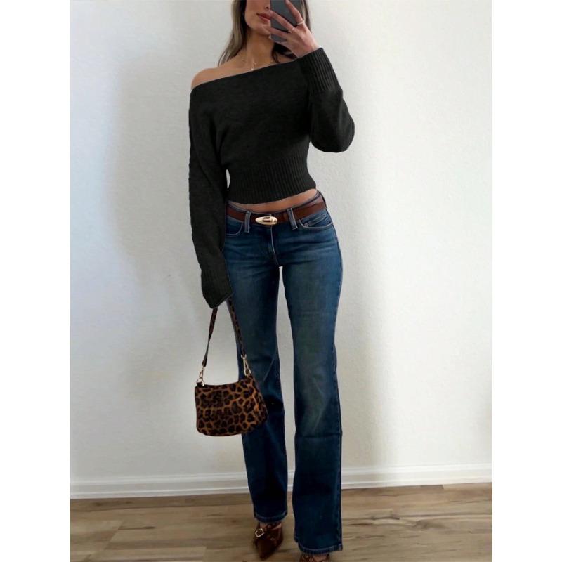 Women Loose Off Shoulder Long Sleeve Knit Cropped Sweater