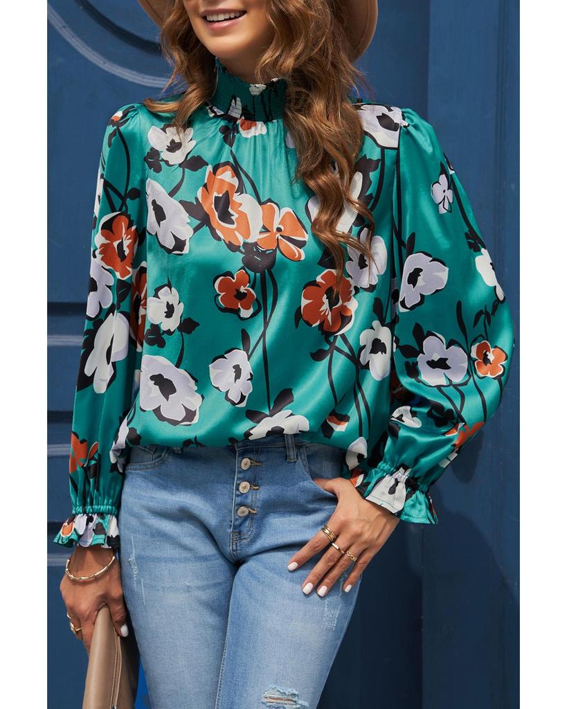 Azura Exchange Printed Smocked Mock Neck Blouse