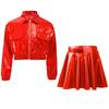 Mädchen Metallic Hip Hop Jazz Tanz Umlegekragen Langarm Reißverschluss Jacke Elastischer Bund Ausgestellter A-Linien Rock