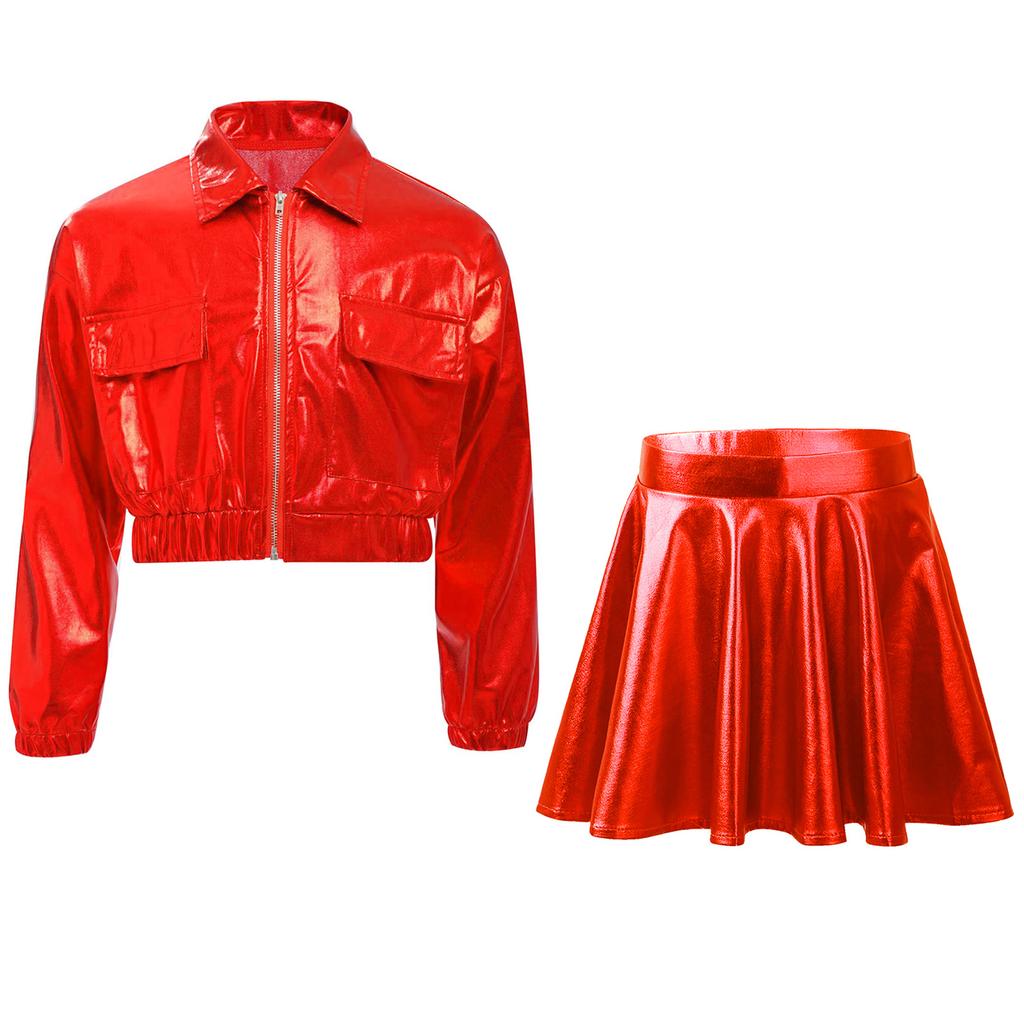 Mädchen Metallic Hip Hop Jazz Tanz Umlegekragen Langarm Reißverschluss Jacke Elastischer Bund Ausgestellter A-Linien Rock