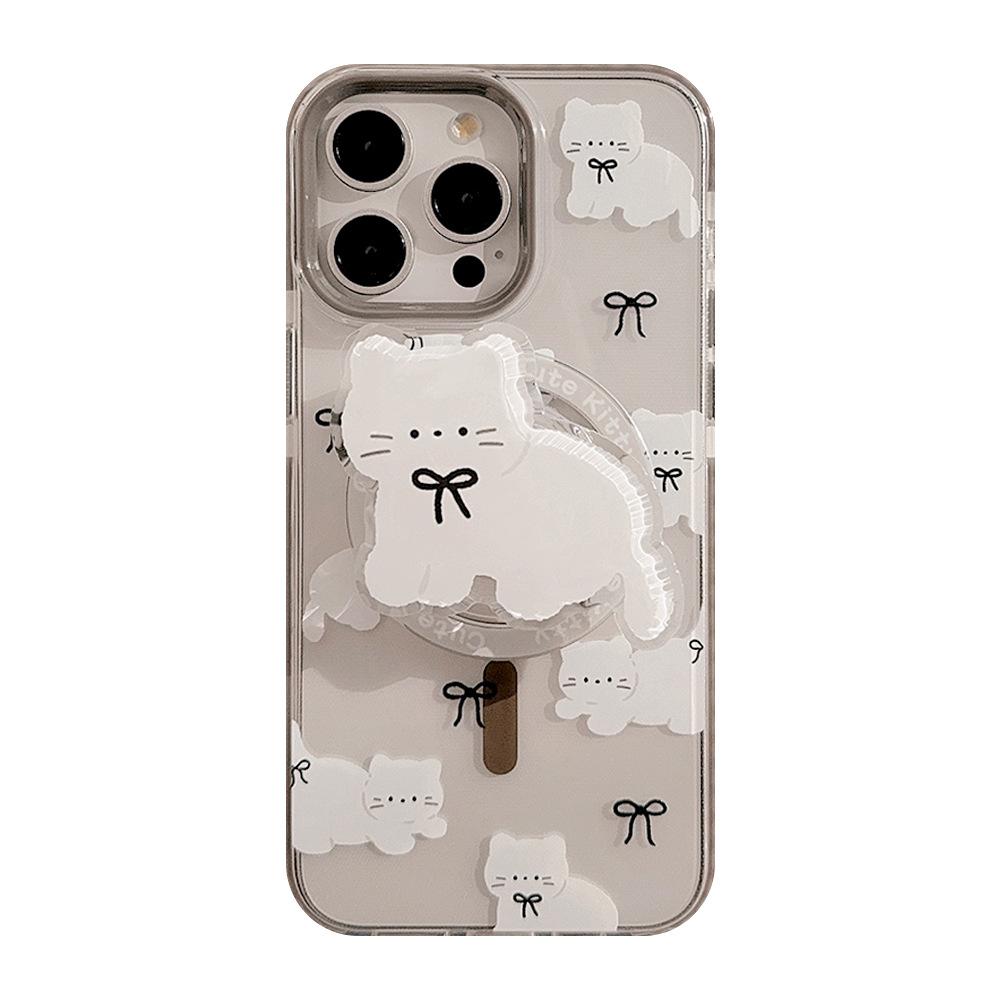 Magnetic Bracket 15Promax Transparent IPhone Case 16 Suitable for 13 Cute Bow Cat 12 Anti Fall