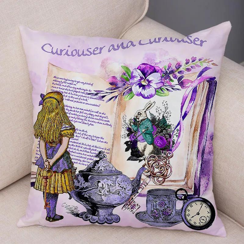 Alice In Wonderland Cushion Cover Cute Rabbit Cat Printed Sofa Pillow Vintage Home Decorative Pillow Case for Children Room