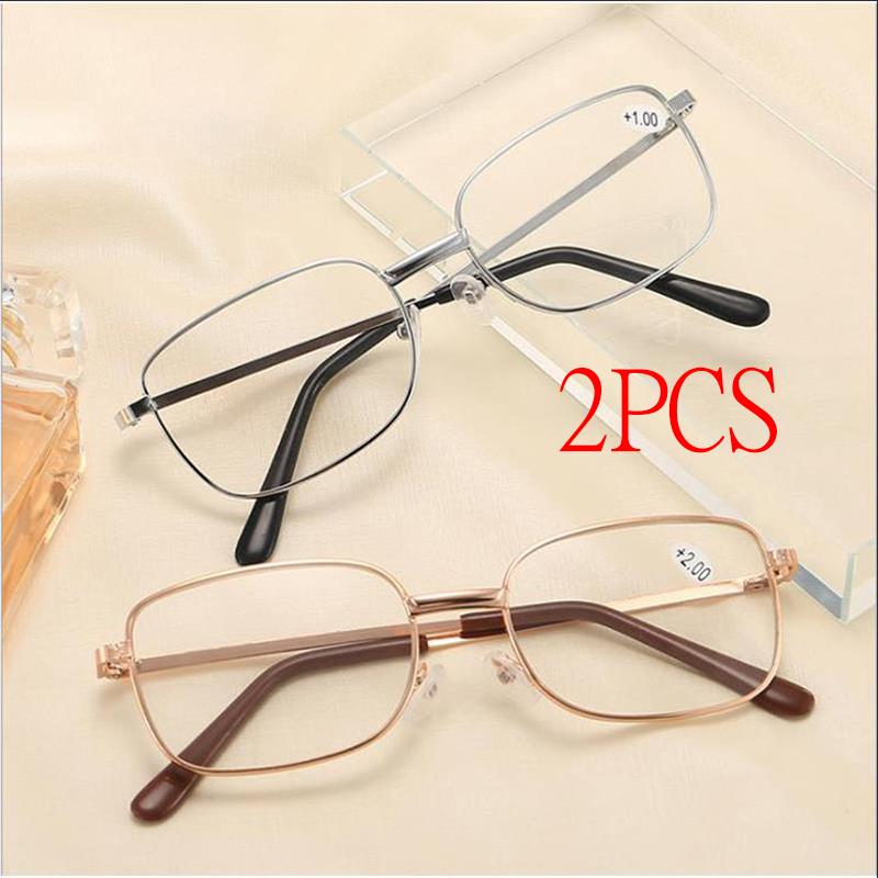 2Pcs Metal Frame Square Reading Glasses Anti-Fatigue Fashion High Definition Presbyopia Diopter +1.0 +1.5 +2.0 +3.5 +4.0
