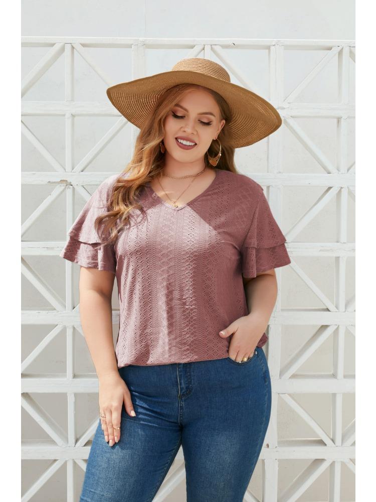 

Нові літні жіночі футболки 2024 року з короткими рукавами та гофрами, елегантний V-подібний виріз, повсякденні жіночі футболки великих розмірів, жіночі футболки великого розміру, футболки вуличного одягу 4XL темно-рожевого кольору