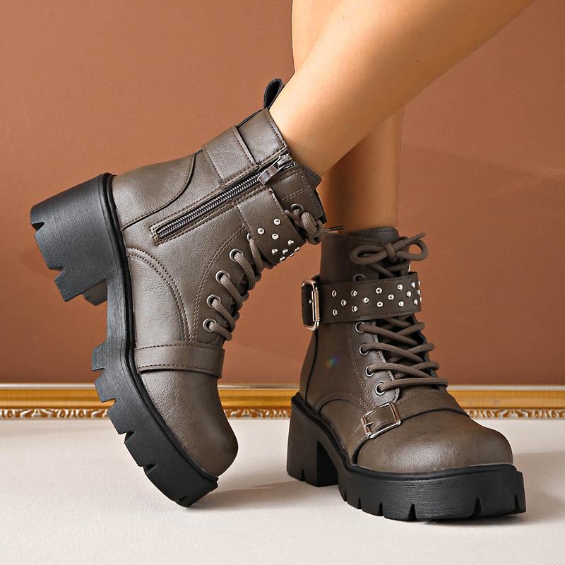 Fashion Punk Gothic Platform Ankle Boots for Women Chunky Heel Lace Up Black Combat Boots Women Buckle Strap Rivets Motorcycle Booties