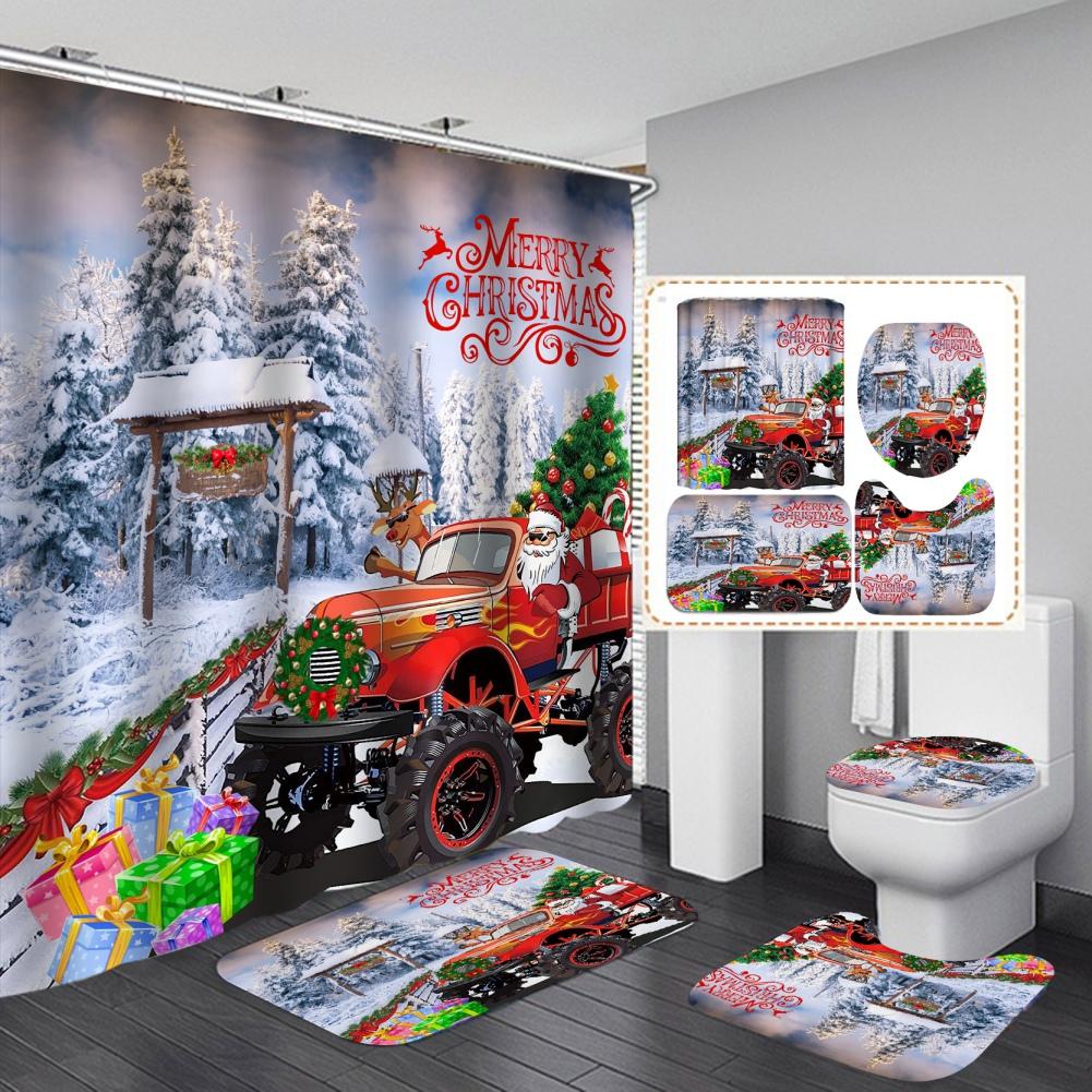 Merry Christmas Bathroom 4Pcs Set Snowman Santa Claus Pattern Waterproof Shower Curtain Toilet Cover Mat Non Slip Rug Home Decor