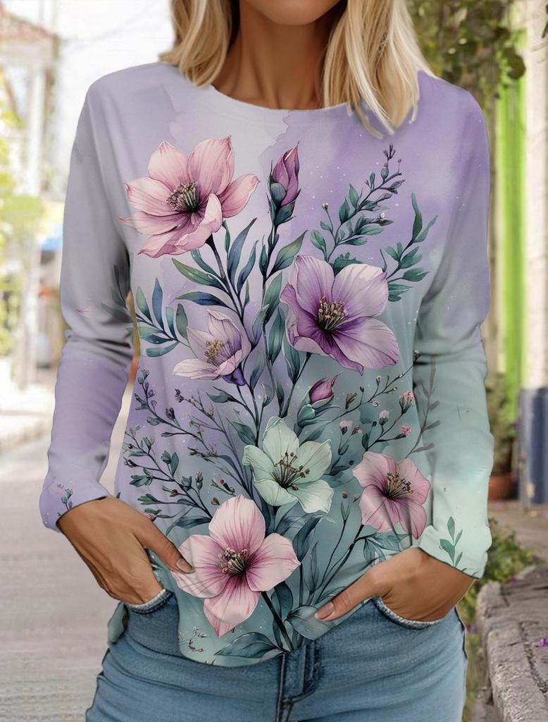 Women's 3d Printed Flower T-shirt Fashion Long-sleeved Round Neck Regular Tops Holiday Weekend Blue Spring and Autumn Wear