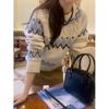 Retro jacquard contrasting sweater women's 1011 autumn and winter new round neck warm and lazy design knitted top