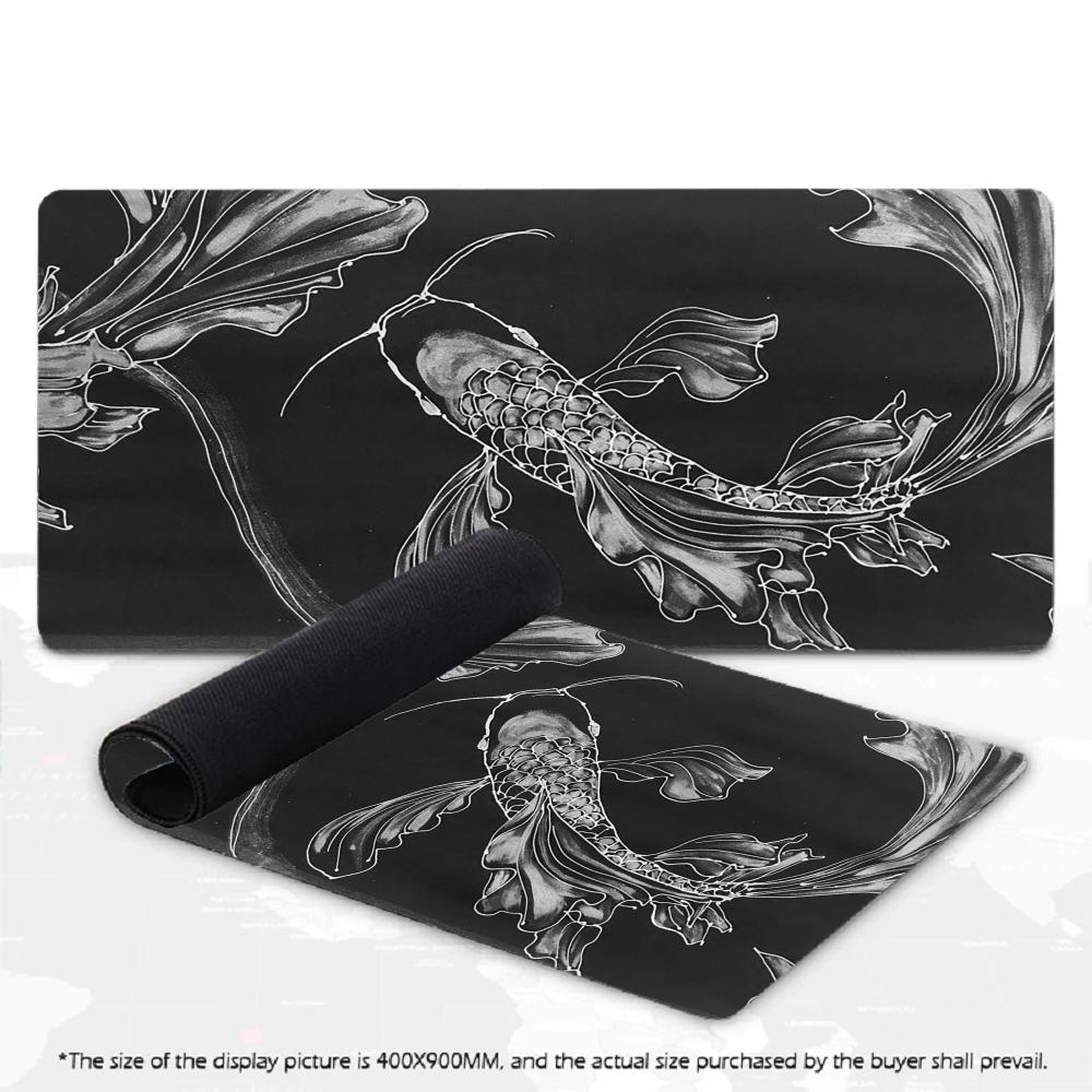 Large Gaming Mouse Pad Black and White Koi Fish Peony Chinese Art Non-Slip Keyboard Desk Mat for PC Gamer Extended Mousepad