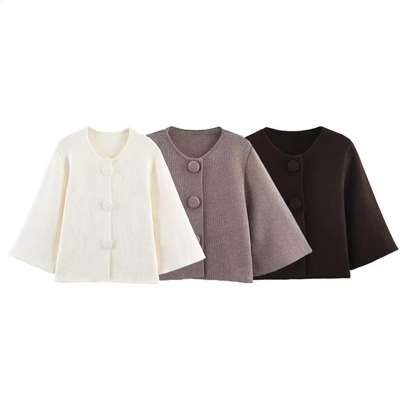 Women Fashion Brown Button Decoration Knitted Sweater Vintage Short Sleeves Female Leisure Lady Sweaters Y2k
