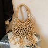 Retro Woven Bucket Bag Bohemian Style Tassel Crossbody Bag Beaded Design Women Niche Pearl Chain Shoulder Bag Beach Vacation Bag