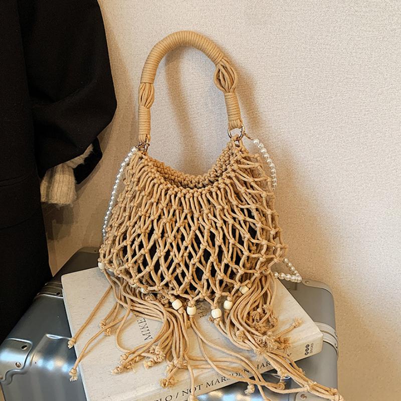 Retro Woven Bucket Bag Bohemian Style Tassel Crossbody Bag Beaded Design Women Niche Pearl Chain Shoulder Bag Beach Vacation Bag