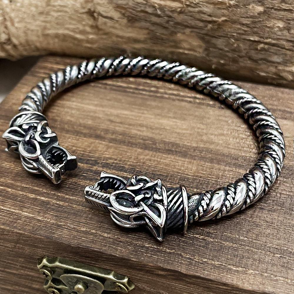 Punk Viking Odin Wolf Cuff Bangle Norse Mythology Geri Freki Amulet Bracelet Antique Stainless Steel Jewelry Gift for Men