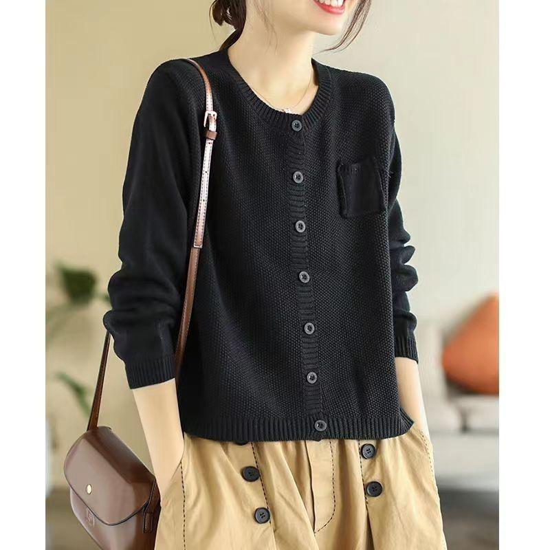 Women's Retro Knit Cotton Cardigan: Round Neck, Long Sleeve, Autumn Casual Short Sweater.
