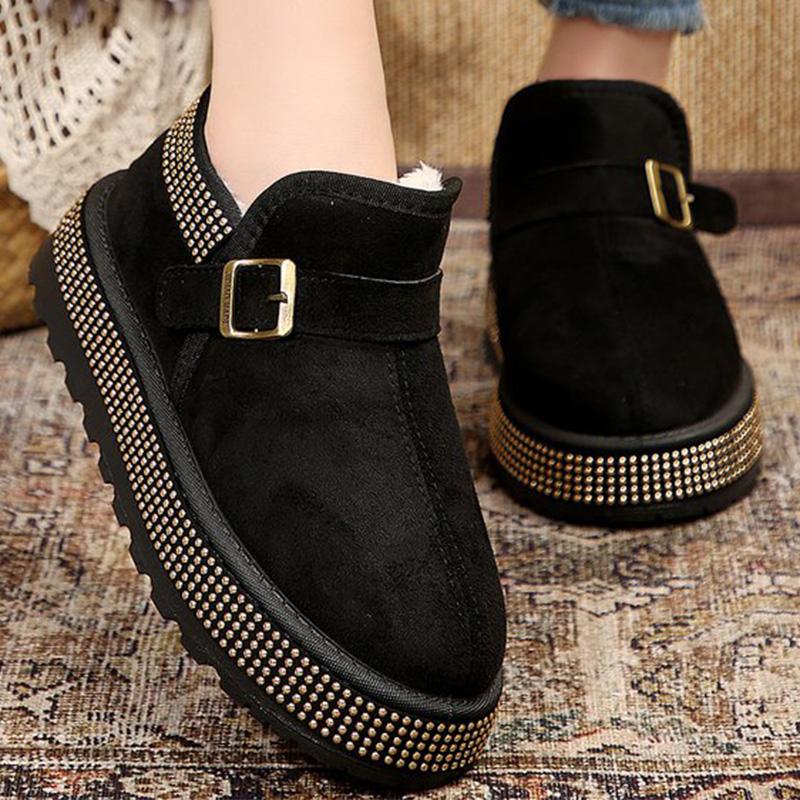 Winter Buckle Detor Ankle Boots Women Fashion Shiny Thick Bottom Snow Boots Woman Faux Suede Short Plush Warm Snow Boots Female