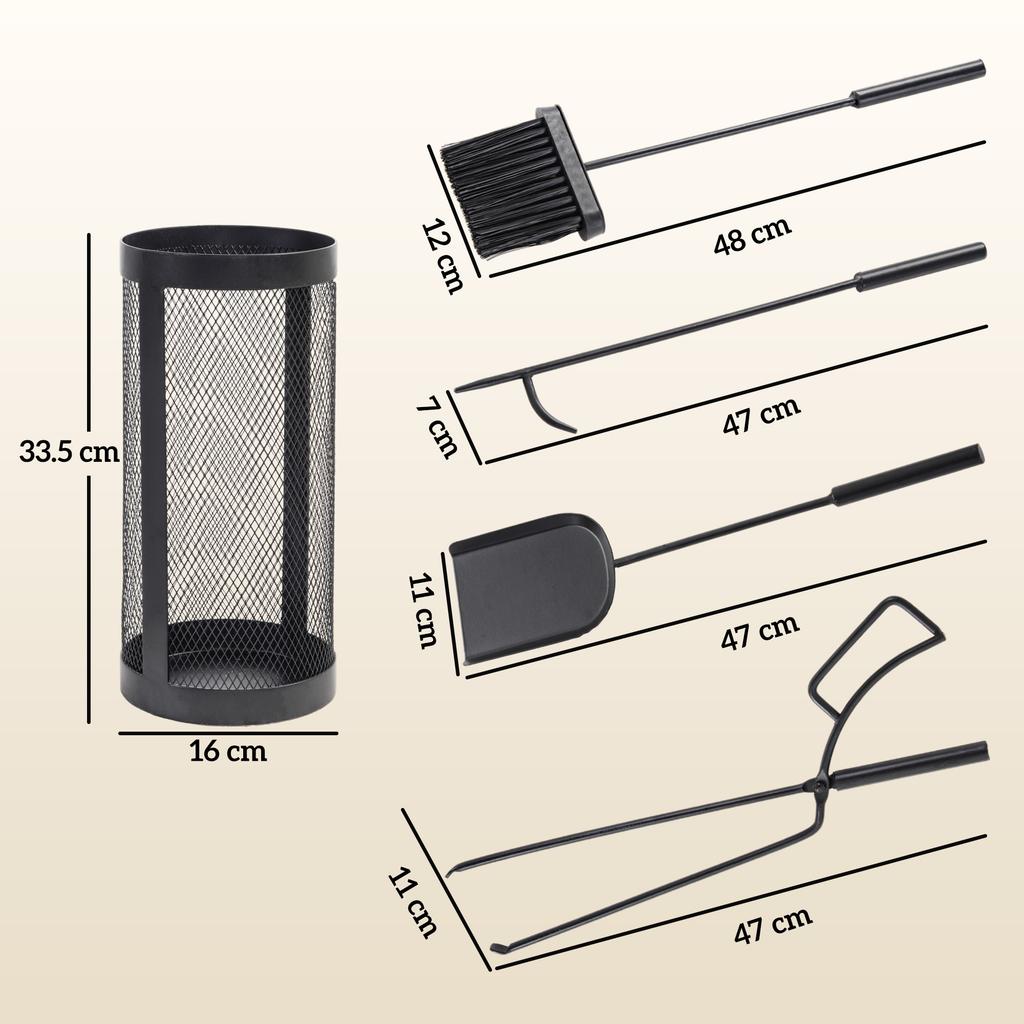 5-Piece Fireplace Tools Set with Mesh Basket, Indoor Outdoor Fireside Accessories for Fireplaces, Fire Pits, Black