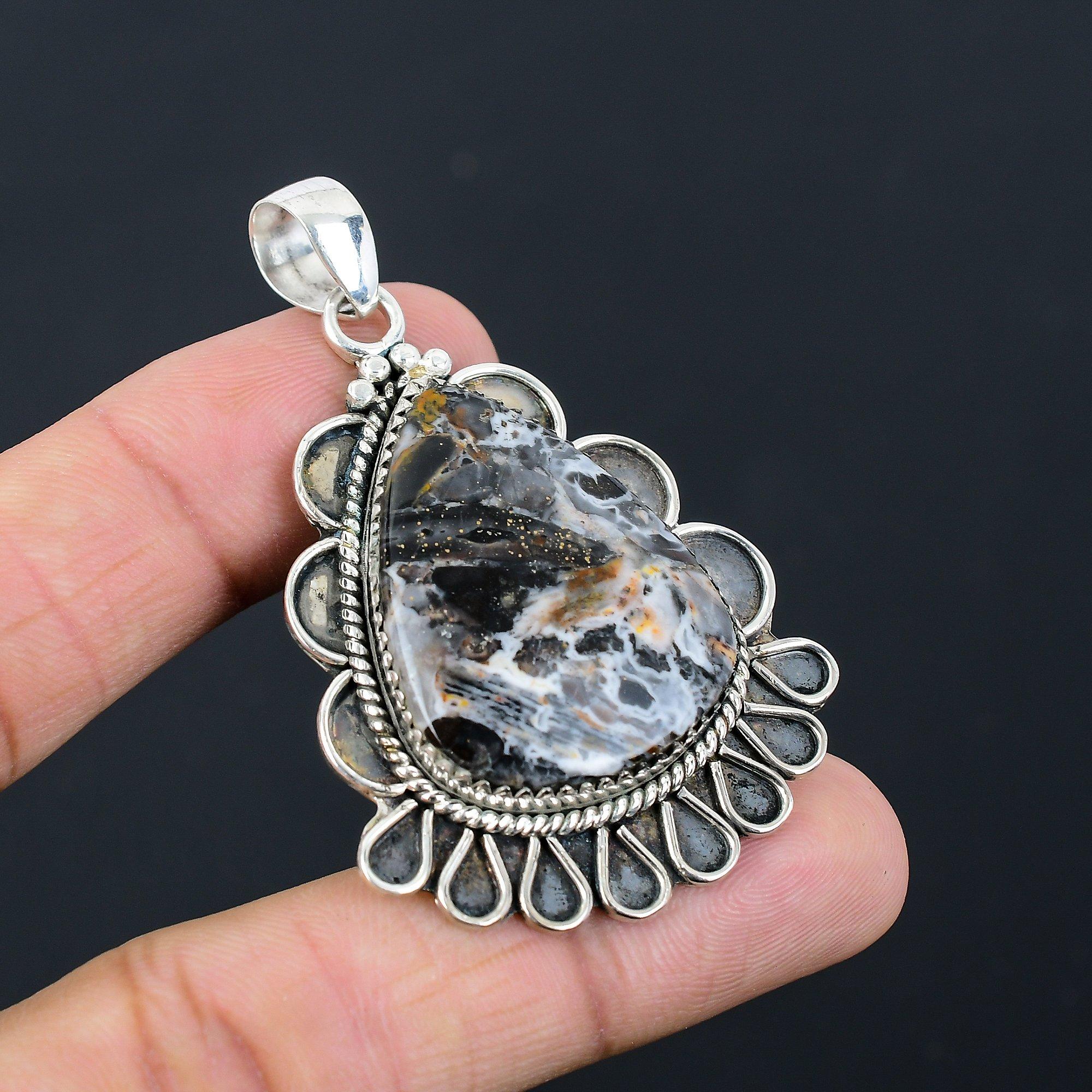 Sterling Silver Pear Stick Agate Stone Mother Engagement Unique Pendant Jewelry