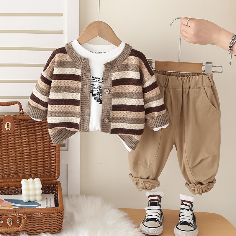 Boys' Long Sleeved 3-piece Set, Autumn and Winter Striped Knitted Jacket, 0-5-Year-old Children's Casual Set