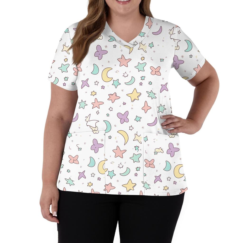 Damenmode V-Ausschnitt Kurzarm Overalls mit Taschen Print Tops Kleidung