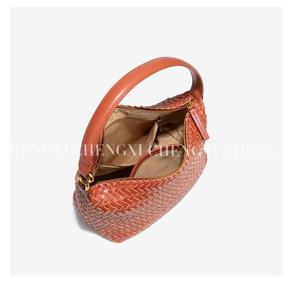Vintage Hand Woven PU Underarm Shoulder Bag, Amber Brown Small Hobo Bag with Long Shoulder Strap, Multi Pocket Daily Casual Shoulder Purse for Women