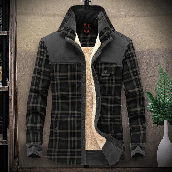 Lapel Long Sleeve Plaid Patchwork Print Pockets Single Breasted Men Coat Winter