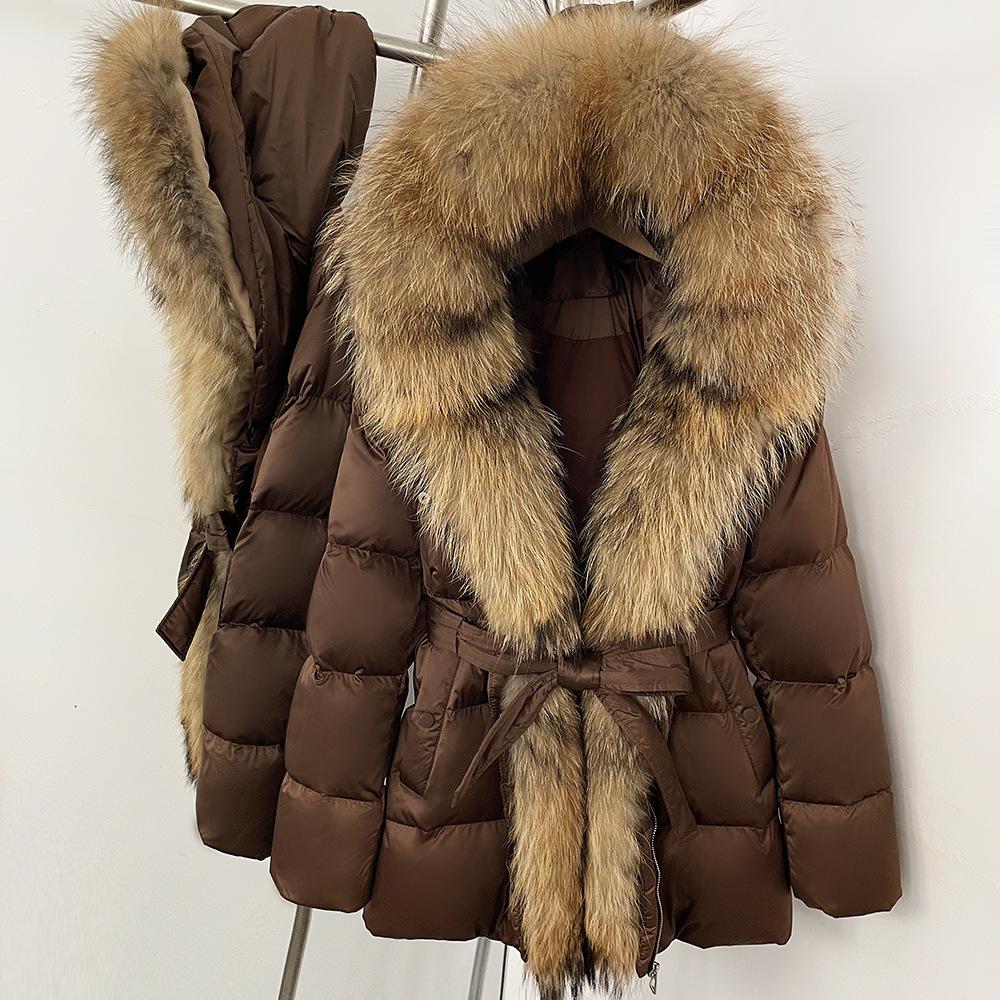 Winter lace-up hooded loose thickened coat women's retro versatile temperament real fox fur collar duck down jacket