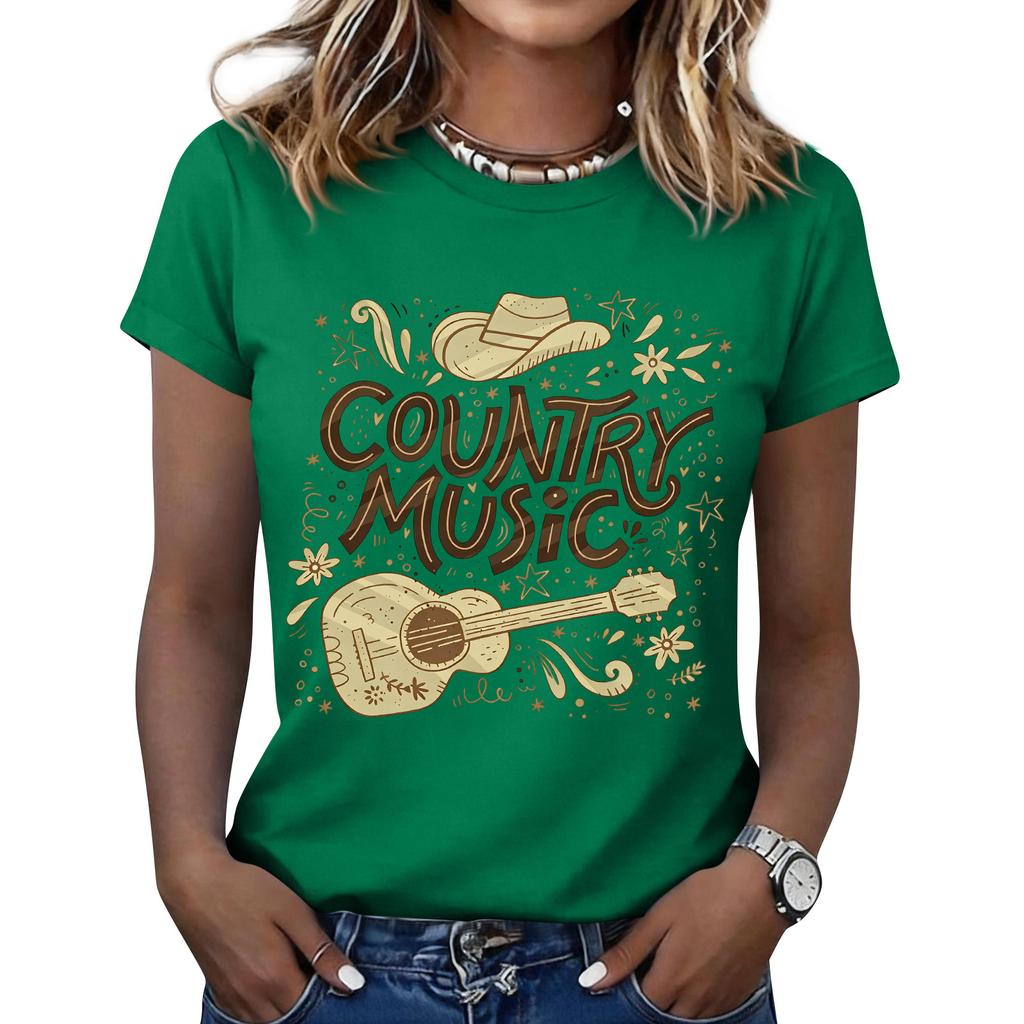 Women's Fashionable Casual Music Festival Print Round-Neck Short-Sleeve T-Shirt