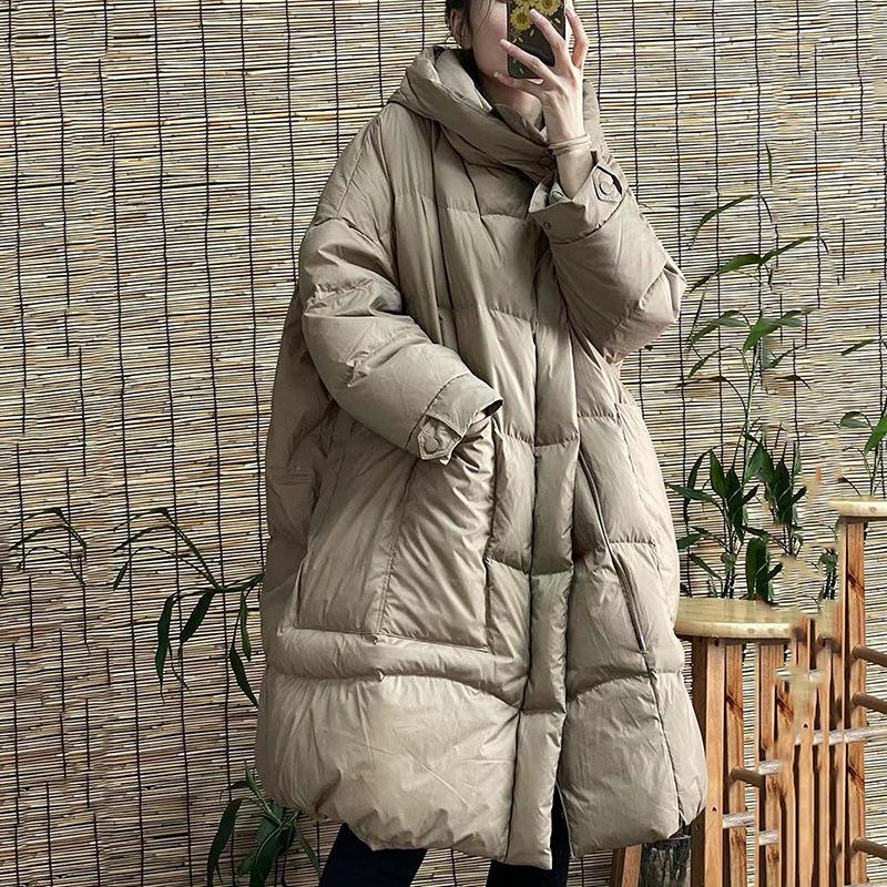 Women Down Long Jacket Hood Loose Over Size Coat Autumn Winter Warm Outwear Korean Style Big Pockets