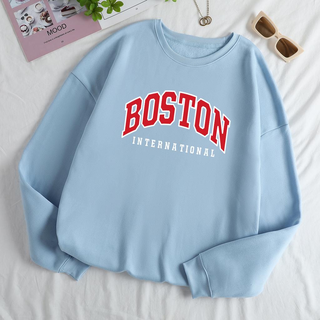Autumn Letter "Boston International" Printed Hoodies Fashionable Casual Classic Sports Long Sleeved Women's Hoodies