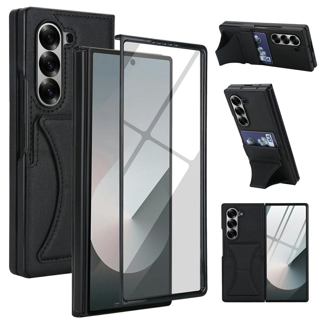 For Samsung Galaxy Z Fold6 5G Case Kickstand Leather+PC Folding Phone Cover with HD Screen Protector