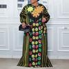 Oversized Women Casual Long Sleeve Floral Print Striped Loose Long Dress Kaftan Robes