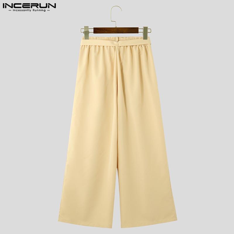INCERUN Men High Waist Zipper Ruffled Pants Solid Casual Long Trousers Pockets