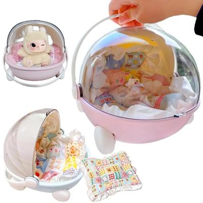 1/2 pieza Cama para muñecas Cochecito de bebé Caja de almacenamiento con colchoneta para muñeca Labubu Módulo Spa Cuna para dormir Carro Cama para muñecas Muebles Accesorios