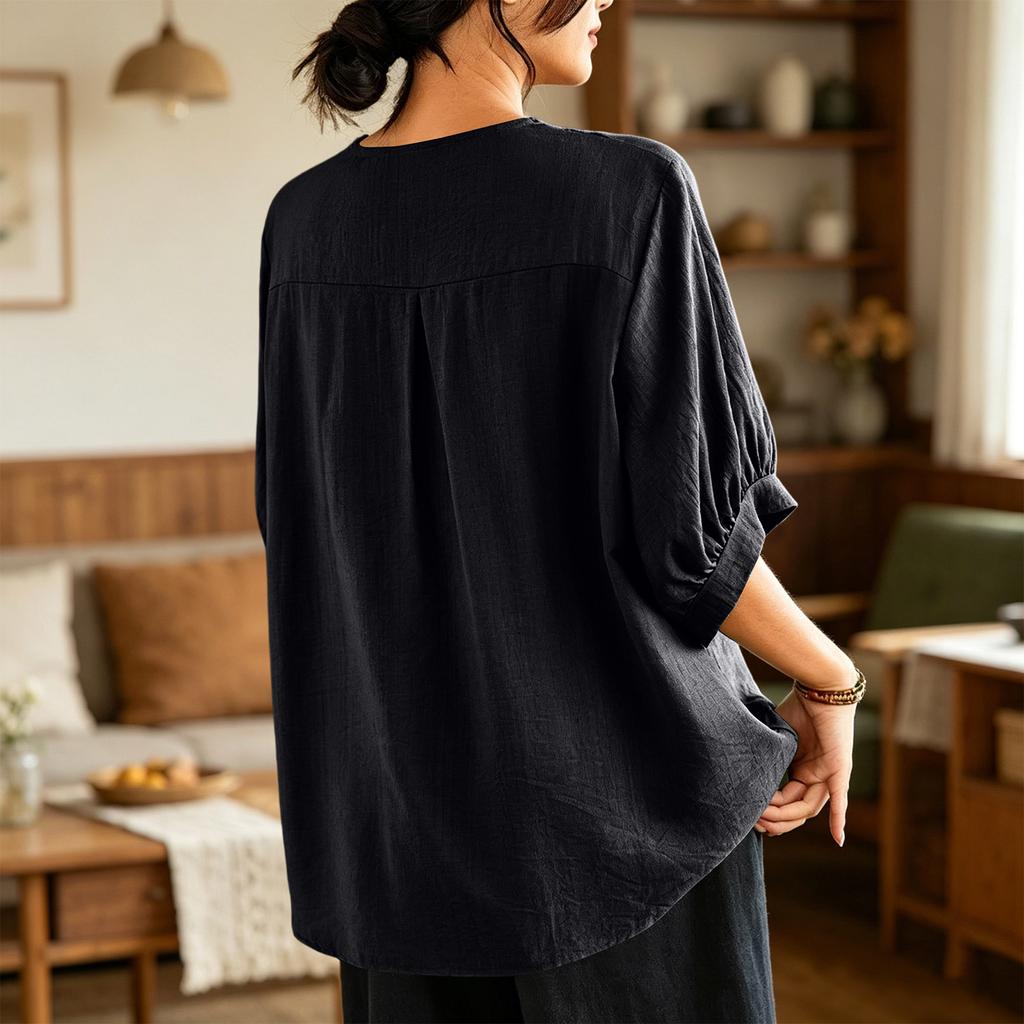 Women's Embroidered Blouse, V-Neck Button Front Short Sleeve Shirt, Casual Summer Top