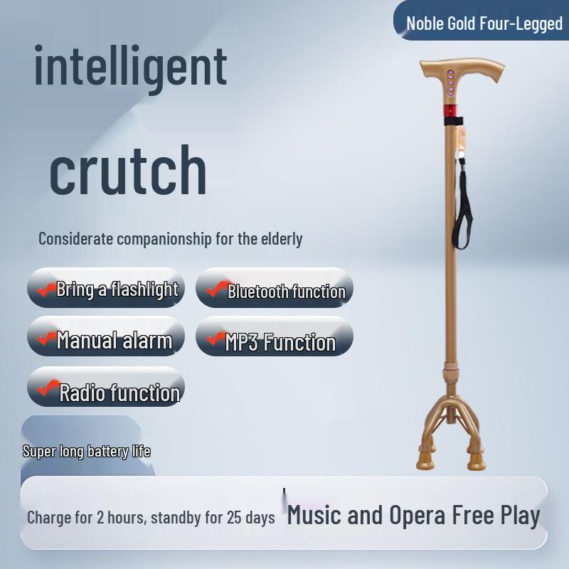 Smart Multi-Functional Telescopic Cane with Radio, Non-Slip Grip, LED Light, and Four-Legged Aluminum Alloy Base for Seniors.