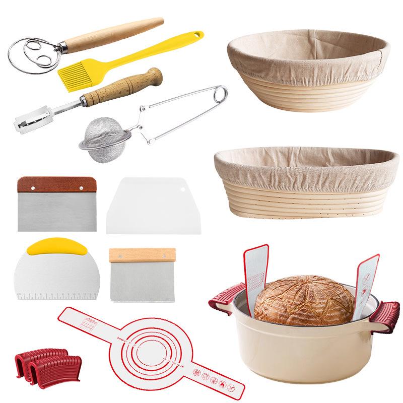 Rattan Bread Proofing Basket Set with Dough Mixer, Scraper & Silicone Brush
