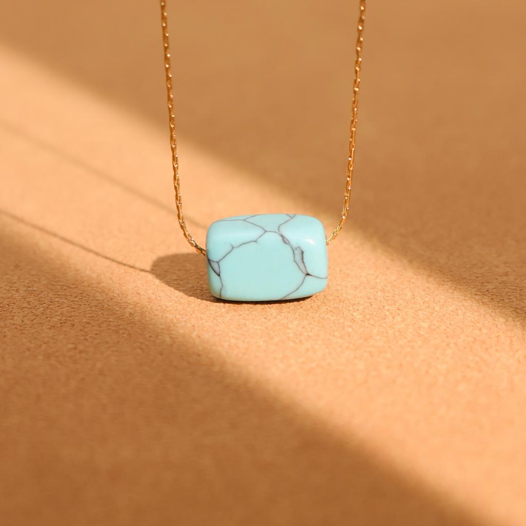 316 Stainless Steel Gold-Plated Fine Chain Fashion Necklace Square Natural Turquoise Pendant Necklace Women's Charm Zircon