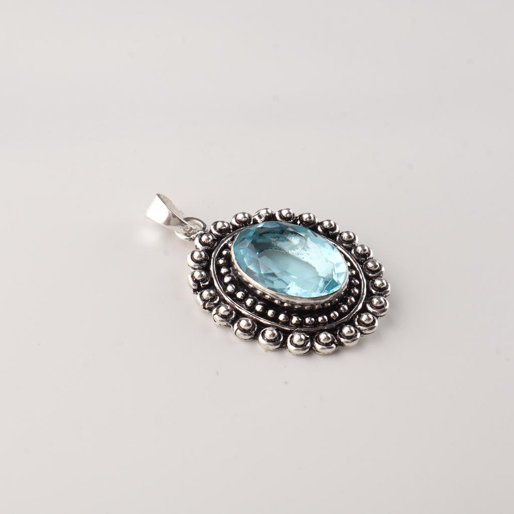 Sky Blue Topaz Gemstone Handmade Pendant 1.6" , 925 Sterling Silver Jewelry For Wedding VPP-3-8