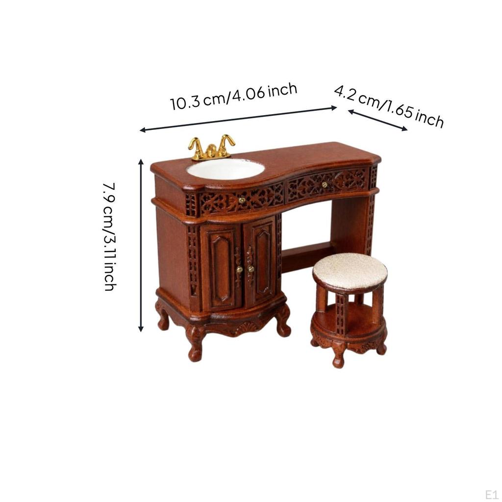 1:12 Scale Dollhouse Vanity with Stool Washbasin Vintage Style Sink