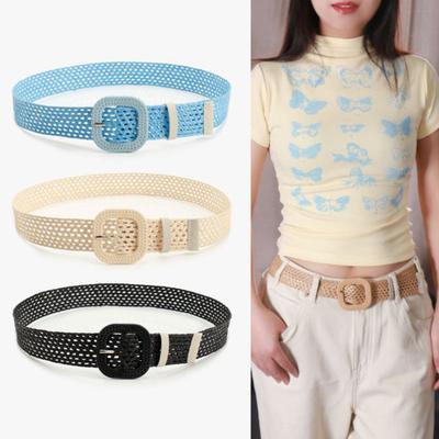 Υφασμένη Ζώνη από Άχυρο με Οβάλ Τετράγωνη Αγκράφα Κοίλο Σχέδιο Διακοσμητική Ζώνη για Τζιν Διαπνέουσα Πλέξη Ρυθμιζόμενη Ζώνη Μέσης πουκάμισου