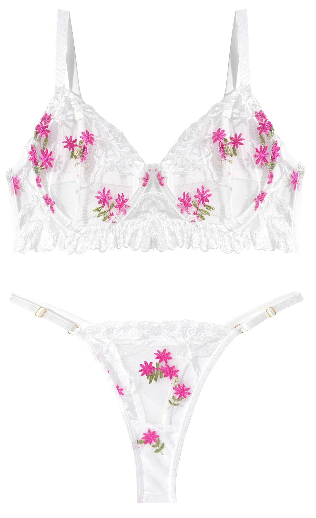 

Maeau Сексуальное нижнее белье Бюстгальтер и трусики с цветочным узором Размер маленький Женский комплект, Вышивка, Т-образная спинка, Стильный, Тонкий, Соблазнительный, Прозрачный дизайн, белый