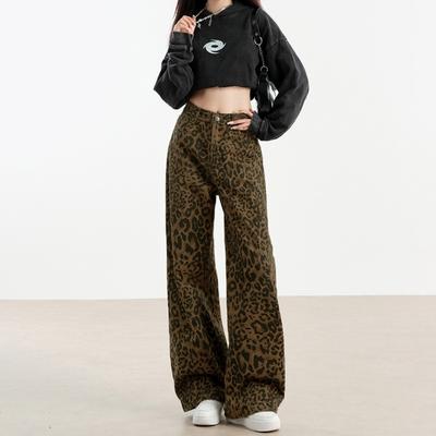 Amerikaanse gepersonaliseerde jeans met luipaardprint dames lente en herfst nieuw hoog getailleerd recht los wijd pijpen mopping jeans