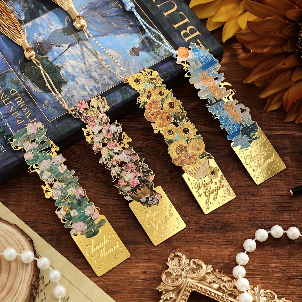 1pc Van Gogh Inspired Golden Hollow Metal Bookmark Artistic Oil Painting Design with Tassel, 8 Unique Window Shapes for Book Lovers
