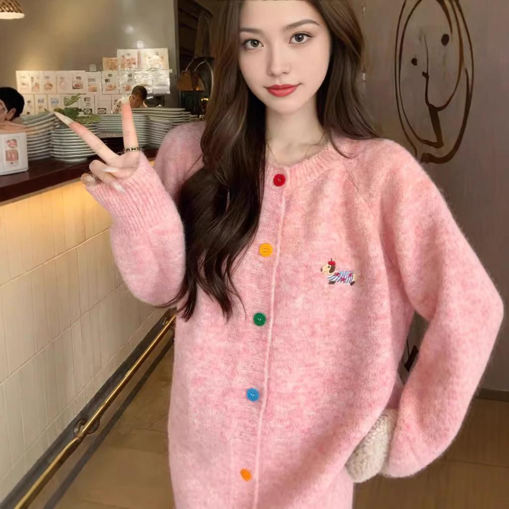 Sweet Round Neck Color Button Dog Pattern Long Sleeve Sweater Cardigan Women Spring Autumn Winter Korean Versatile Top