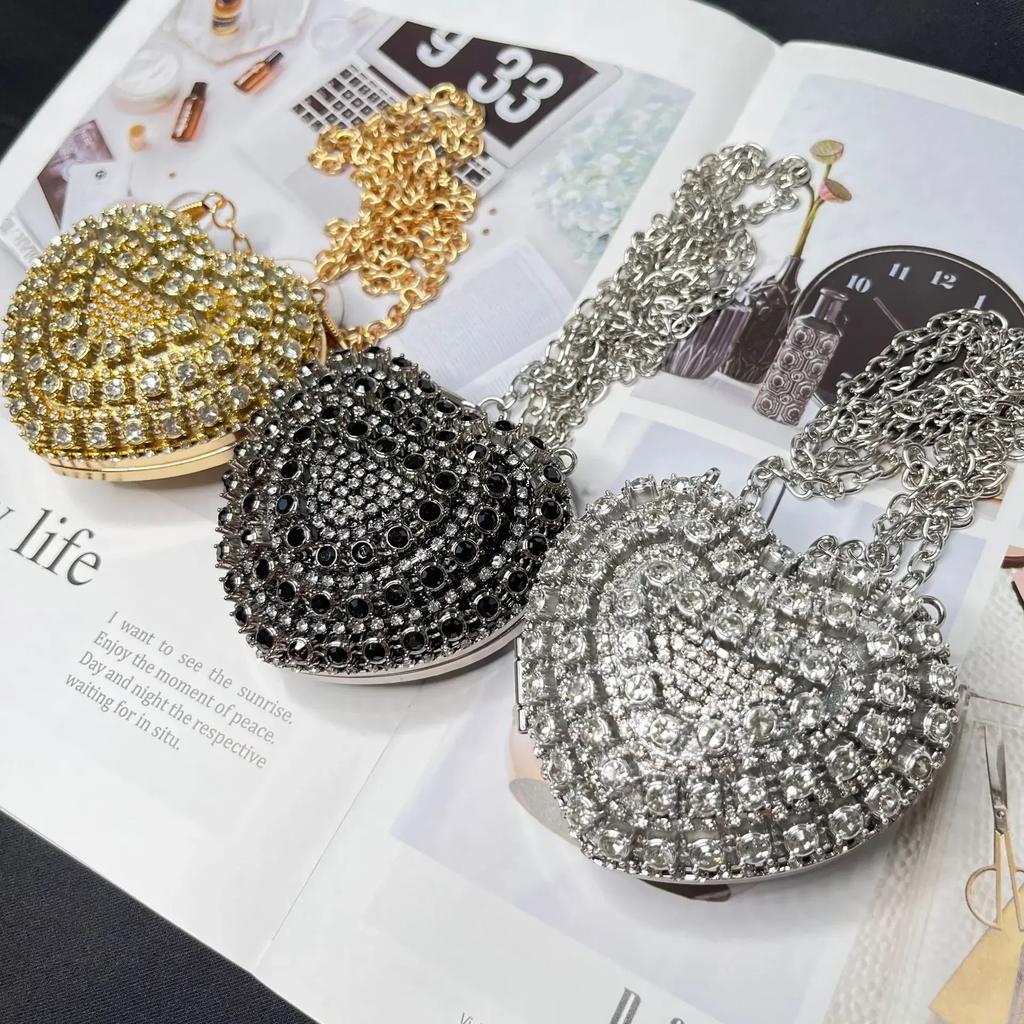 Luxury Small Bling Heart Shape Diamond Evening Clutch Rhinestones Purse Ladies Fashion Bag Designer for Women Chain Shoulder Bag