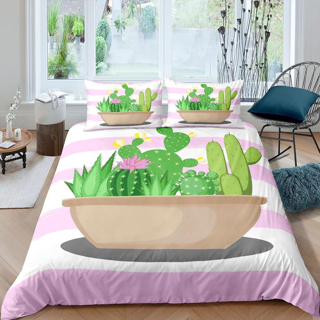 Succulents Bedding Set, Exotic Flower Duvet Cover Twin Size For Kids Boys Girls, Branches Leaf Floral Polyester Comforter Cover