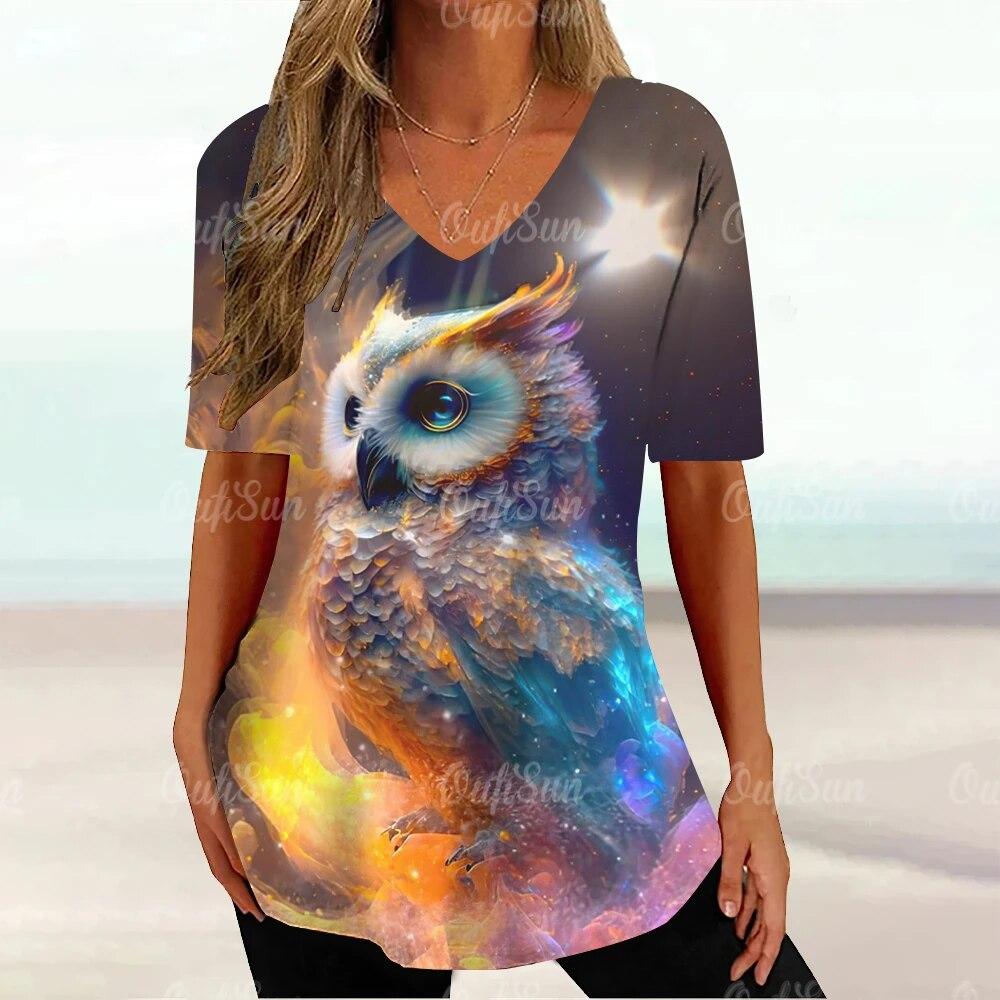 Dámská trička Vintage sova Zvířecí grafický potisk Tričko Letní móda Výstřih do V Krátký rukáv Top Trička Oversized Dámské tričko Oblečení