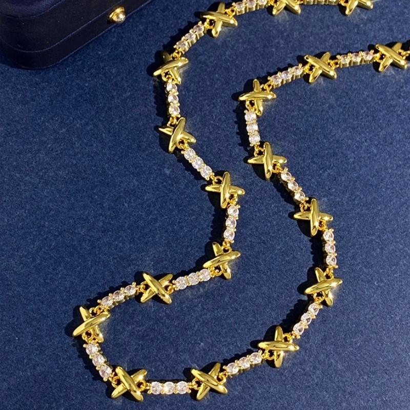 Luxury 18k Gold Plated Gemma Cubic Zirconia Jewelry Set for Women Elegant High Quality X Cross Choker Necklace Wedding Jewelry