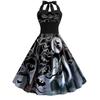 Fashion off-Neck Silm Halter Lace-up Back Elastic High Waist Halloween Pumpkin Bat Print Dress Female